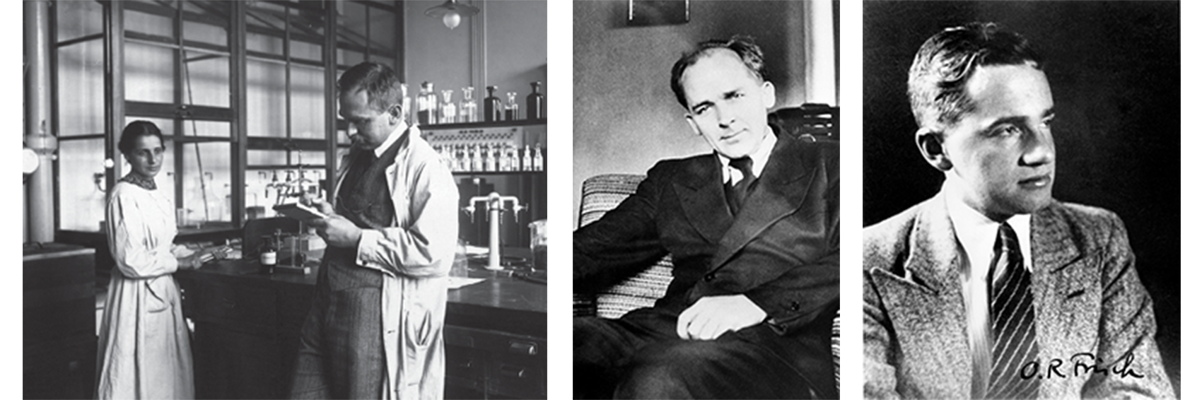 Portraits of (from left to right) Lise Meitner and Otto Hahn in their laboratory, Fritz Strassmanman, and Otto Frisch.
